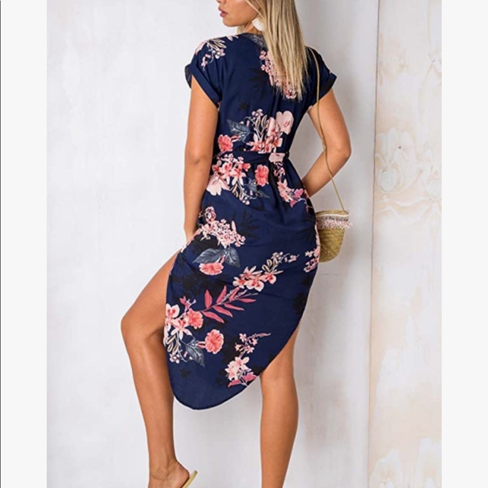 ECOWISH Womens Dresses Summer Casual V-Neck Floral Print Geometric Pattern